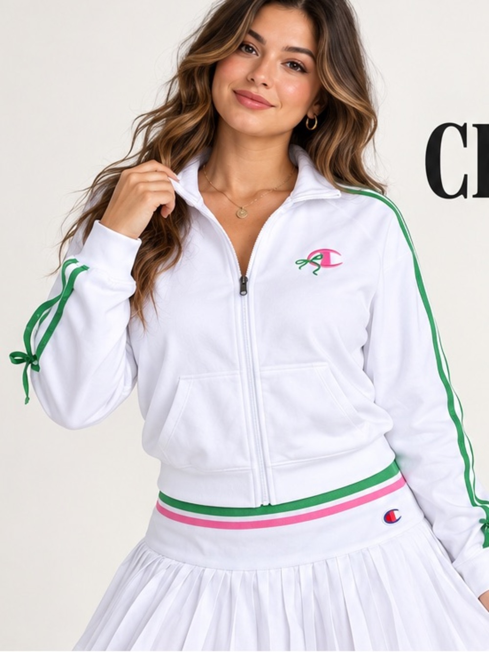 Champion White Zip-Up Jacket with Green and Pink Trim